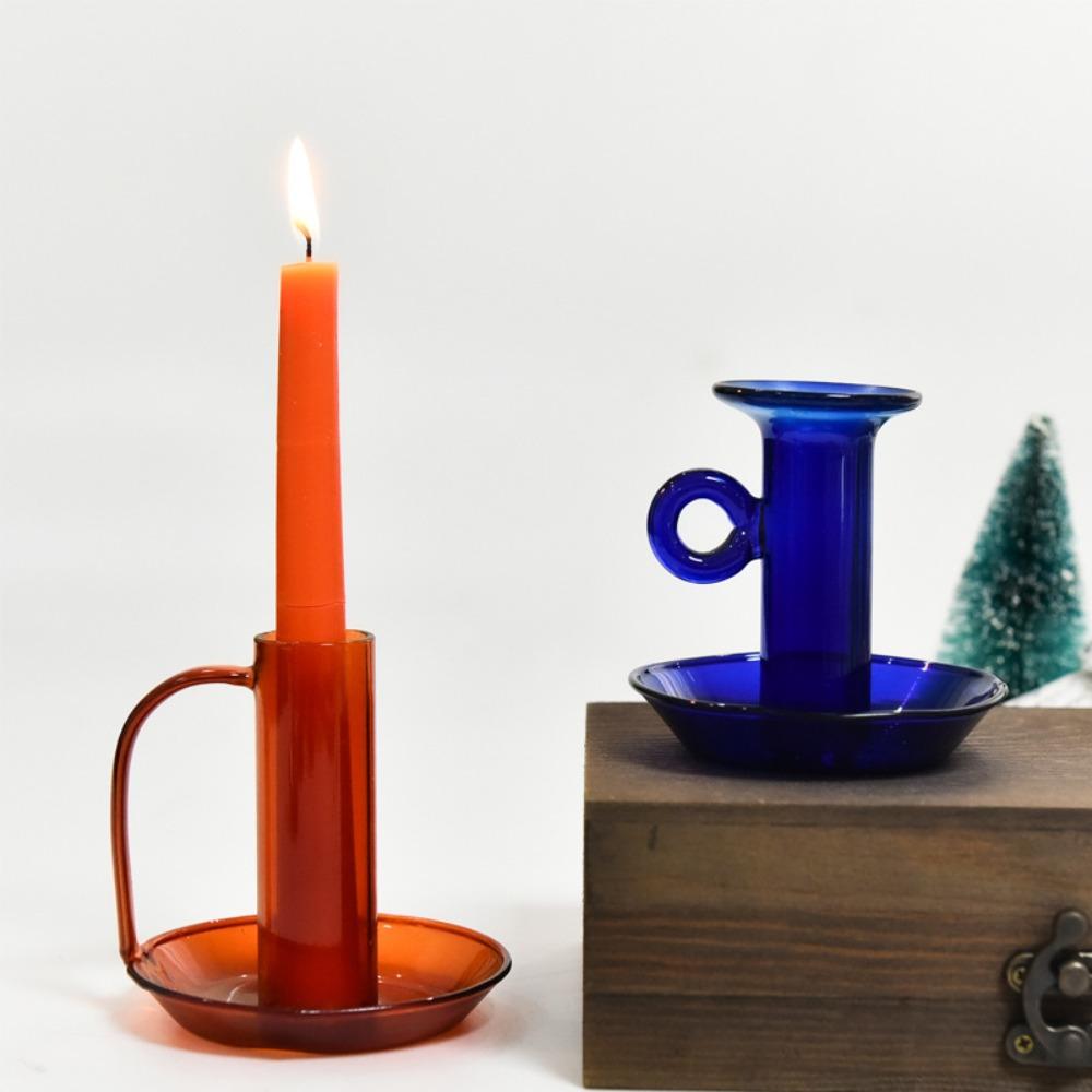 European-style Creative Colored Glass Candlestick Round with Handle Transparent Retro Home Candlestick Living Room Home Decor