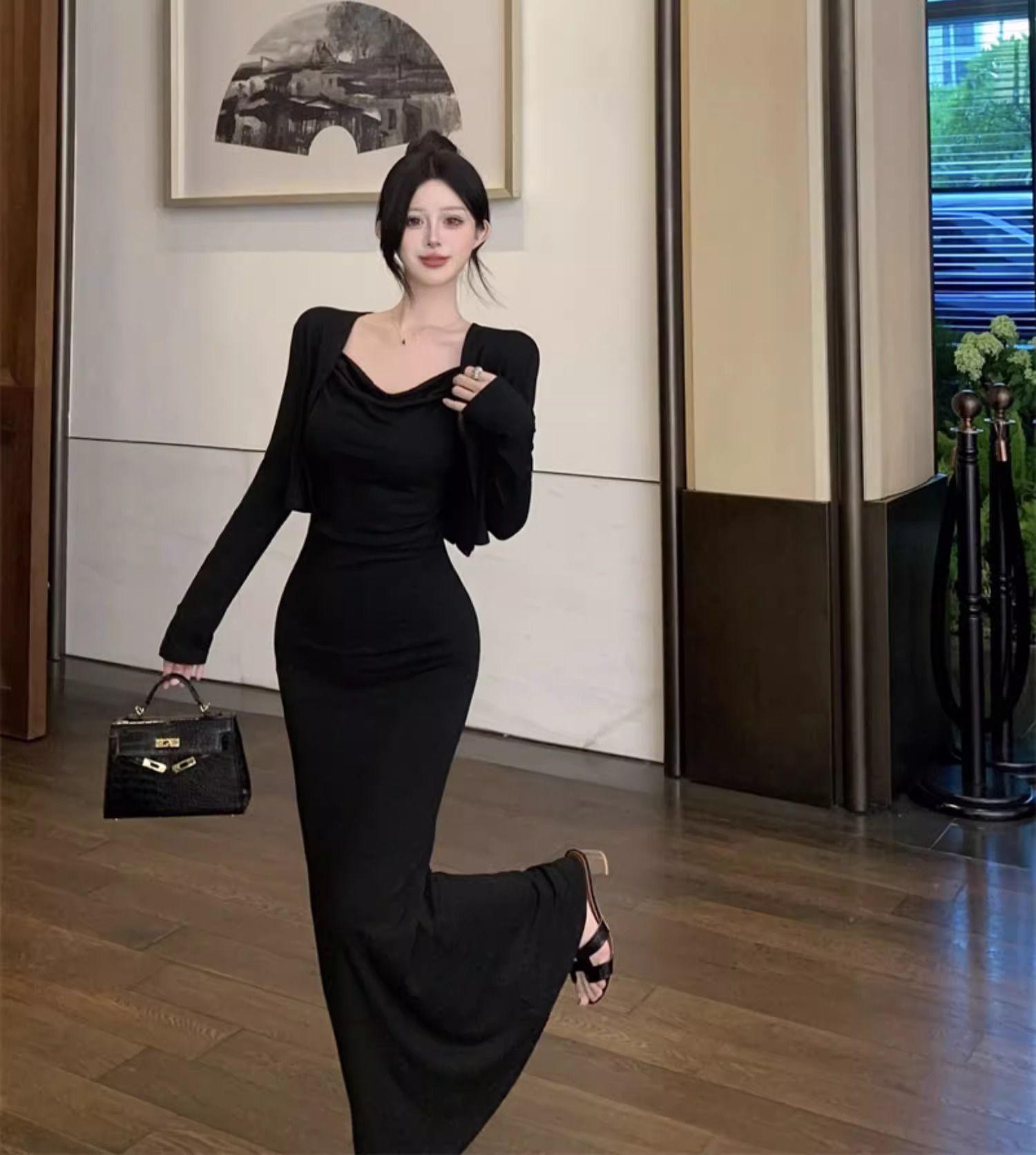 

Autumn new pure desire lazy style thin hip-wrapped slim-fit suspender dress long-sleeved small cardigan two-piece set XL