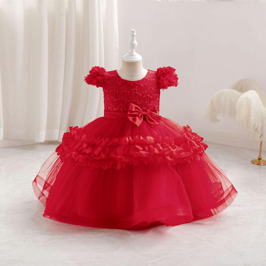 Girls' First Birthday Princess Bow Dress - Floral Mesh Summer Style