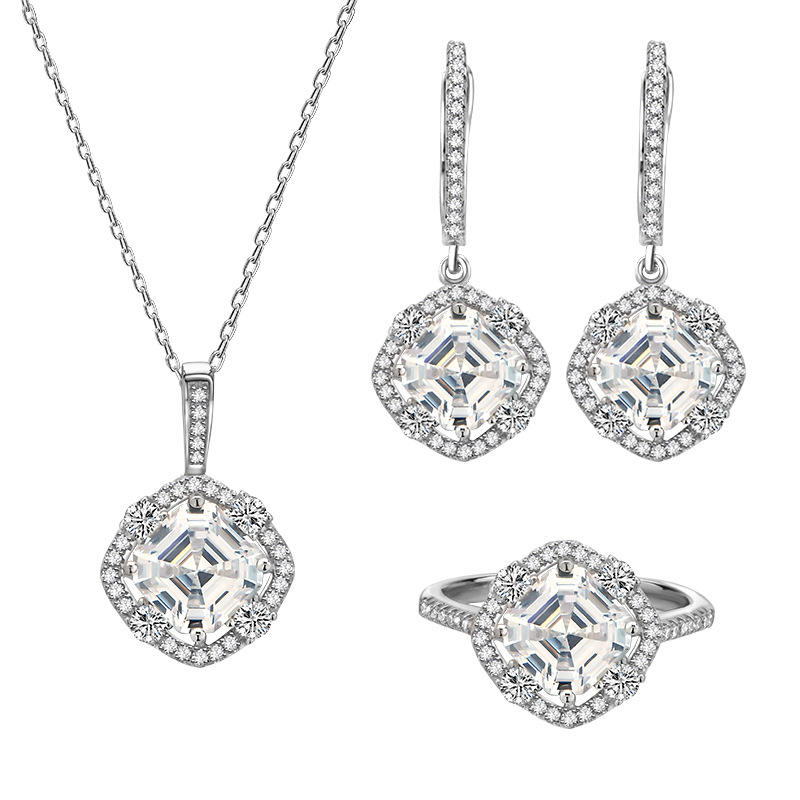 Women Wedding Jewellery Designs Sterling Silver S925 Square Main Diamond Zircon Earring Necklace Dubai Jewelry Sets