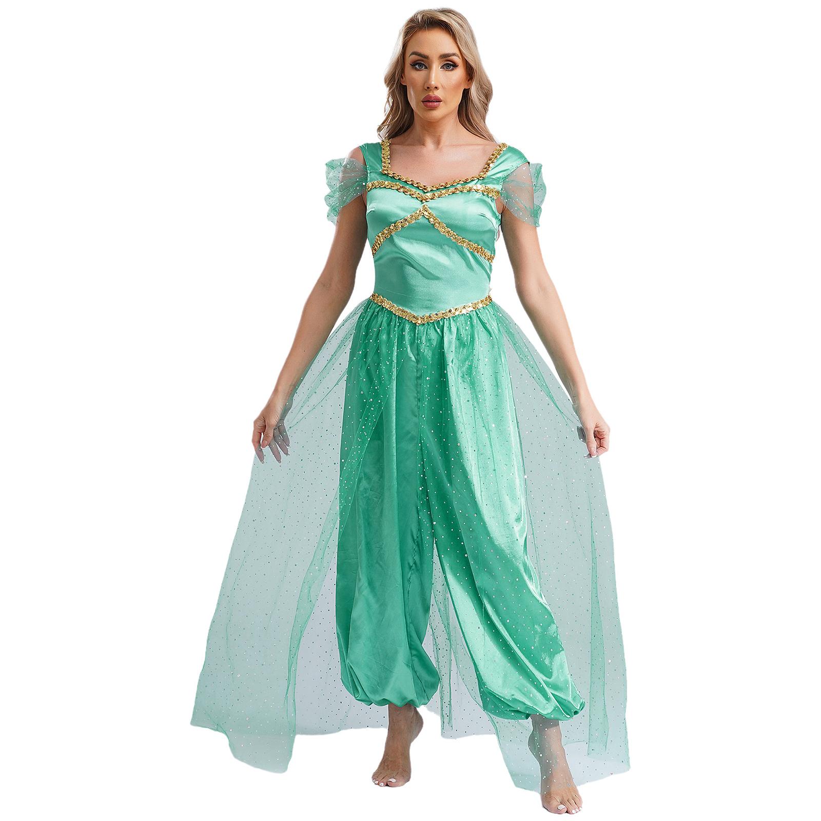 

Женский арабский принцесса с отделкой из пайеток для танца живота на Хэллоуин комбинезон боди костюм для вечеринки S бирюзовый