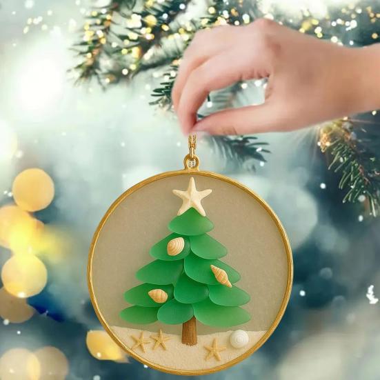 2/4Pcs Christmas Tree Ornament Round Shape Handmade Beach Decoration with Starfish Shell Decor Car Hanging Decoration