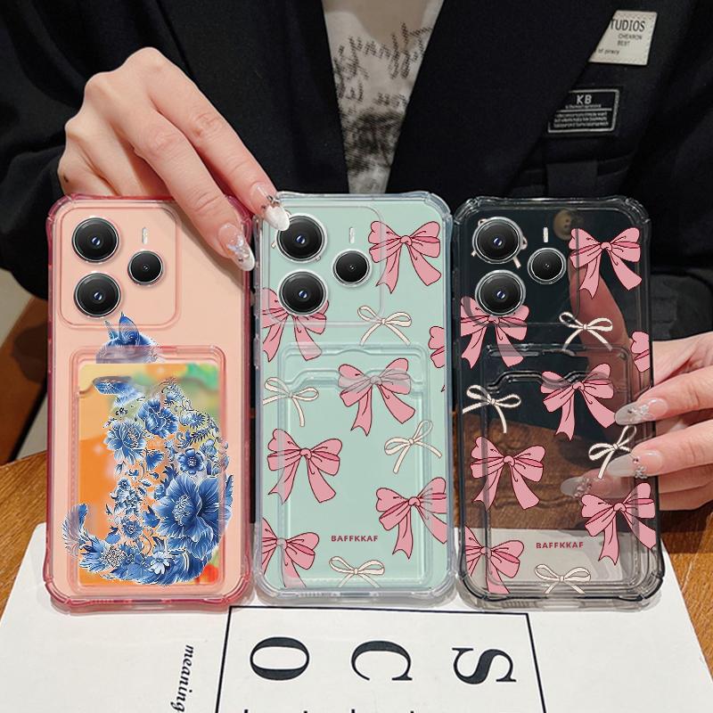 Slot Pocket TPU Case For Redmi Note 13 14 12 11 Pro 5G 4G 11s Poco X6 X5 F6 Pro 13T 14T Pro Case Shockproof Bow Tie Pattern Soft TPU Clear Phone Cover