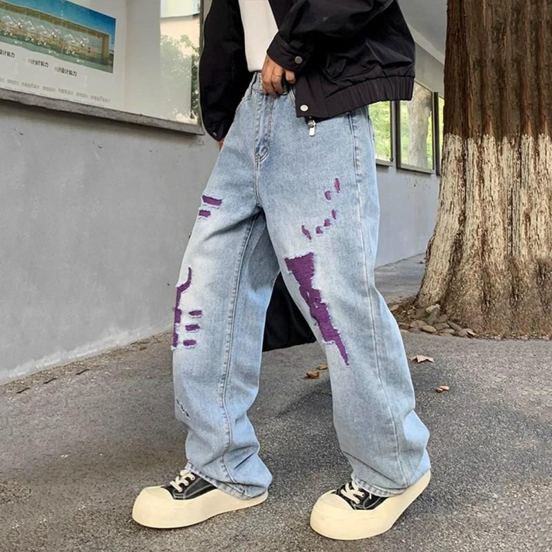 Mens Vintage Loose Straight Leg Jeans Ripped Streetwear Style Casual Denim Pants Teens