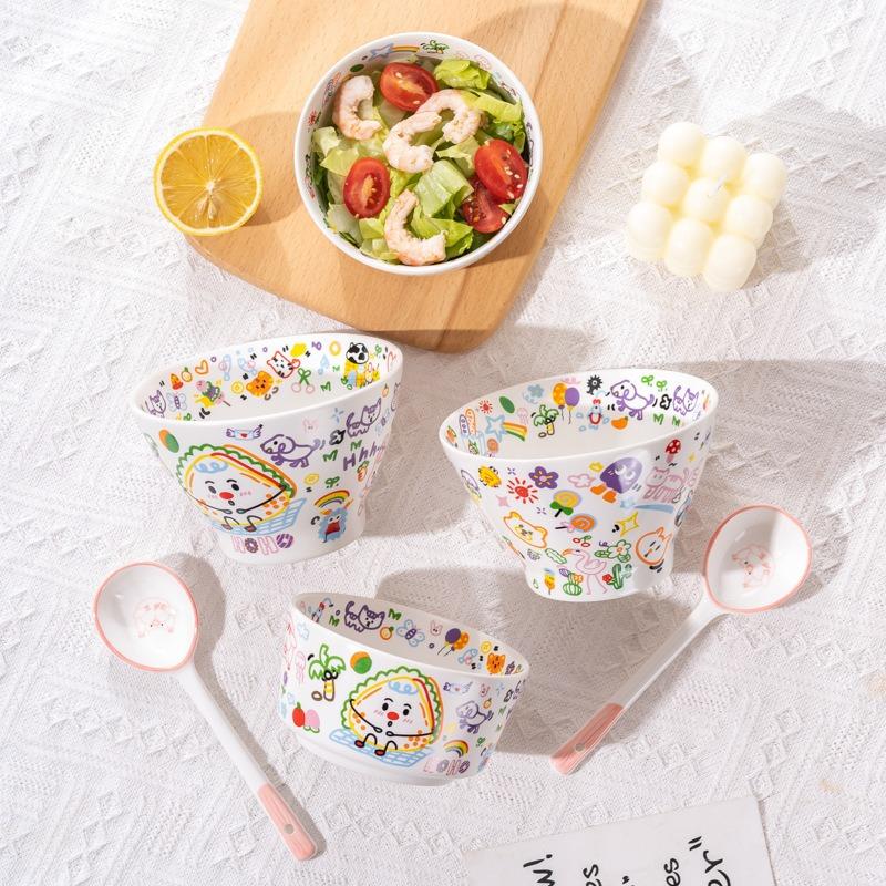 Children's cartoon graffiti cute ceramic bowl girl heart rice bowl with lid cup hat bowl set
