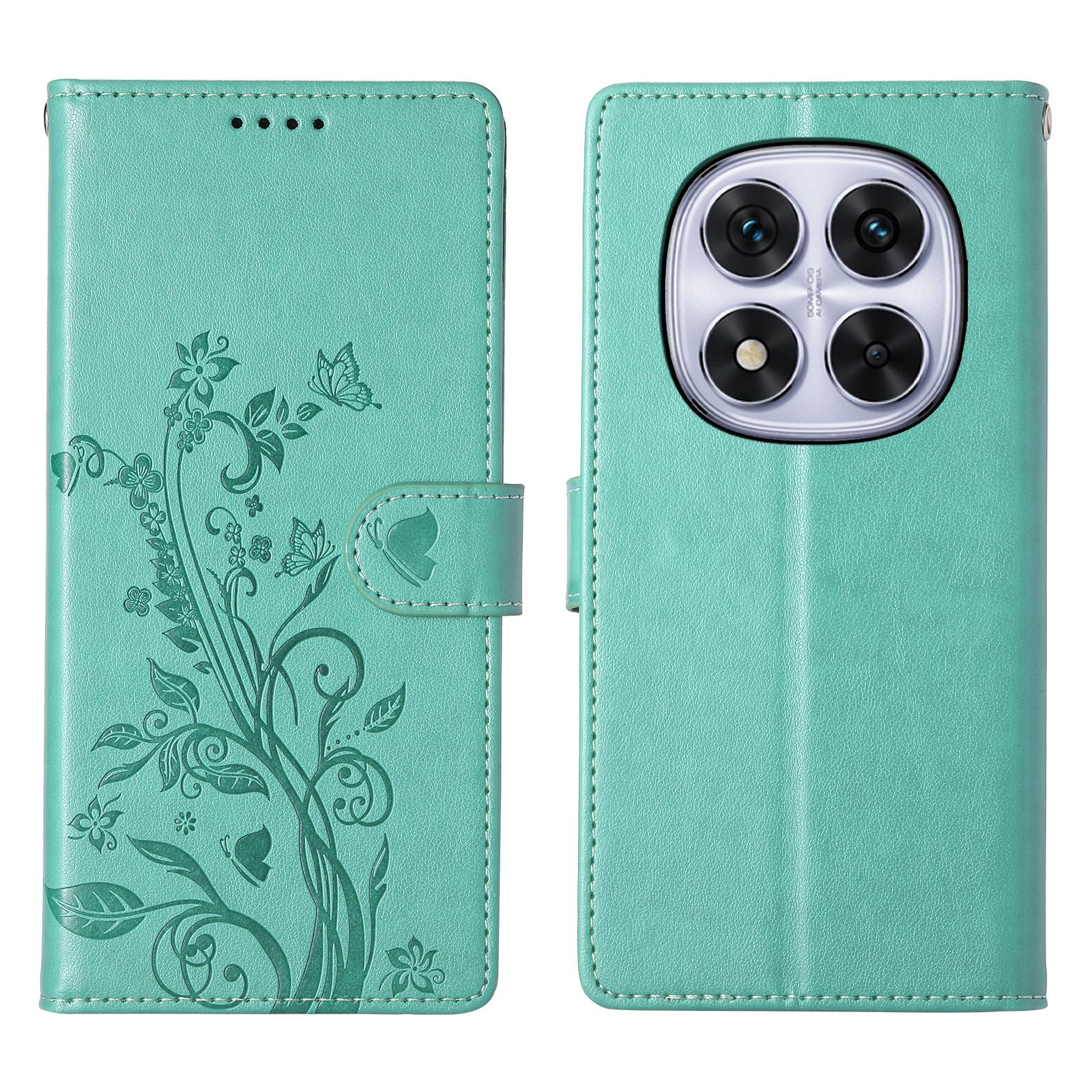 

For Xiaomi Redmi Note 14 Pro 4G Wallet Case Butterfly Floral Imprint PU Leather Phone Cover with Wrist Strap Green