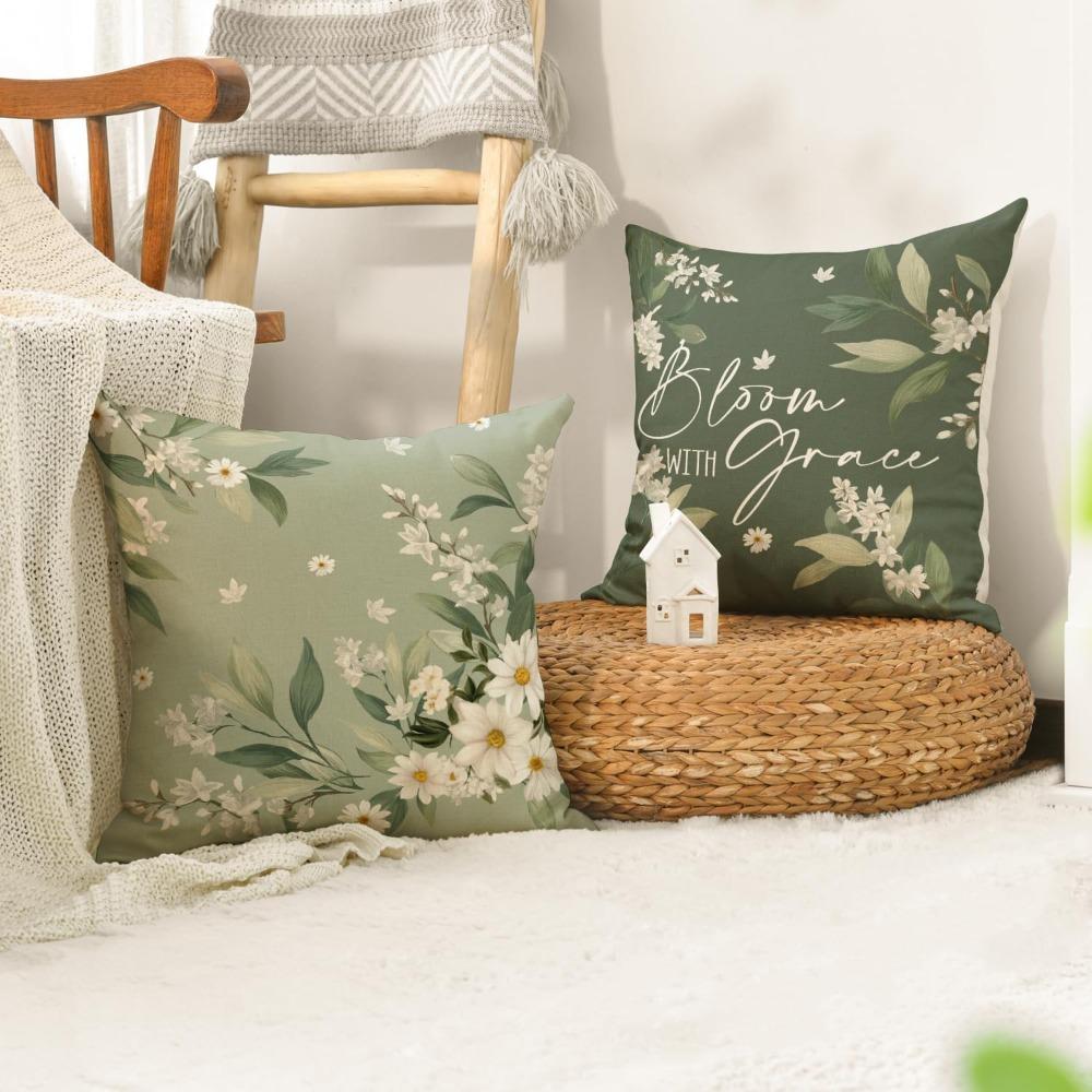 4pcs Hello Spring White Daisy Throw Pillow Covers Bloom with Grace Clove Flowers Green Cushion Case Decoration for Sofa Couch