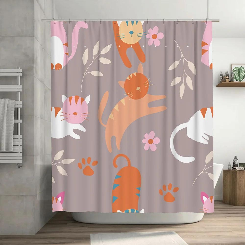 Whimsical Cat Shower Curtain Pink Orange Floral Print Fabric for Bathroom Decorations Non-Slip Hook Rods Included