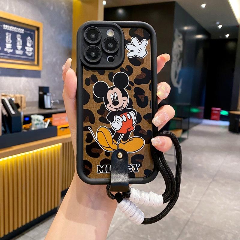 Autumn and winter new models are suitable for iPhone15 mobile phone case 16Pro cartoon fun Apple 14 leopard print Mickey hand rope soft