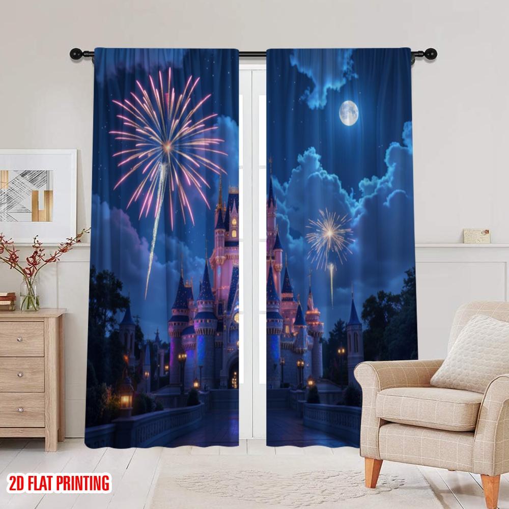 2 ks, 2D plošný tisk Tištěné závěsy Kouzelný hrad Noc Polyesterová tkanina (bez tyče) Ideální dárky do ložnice, obývacího pokoje,