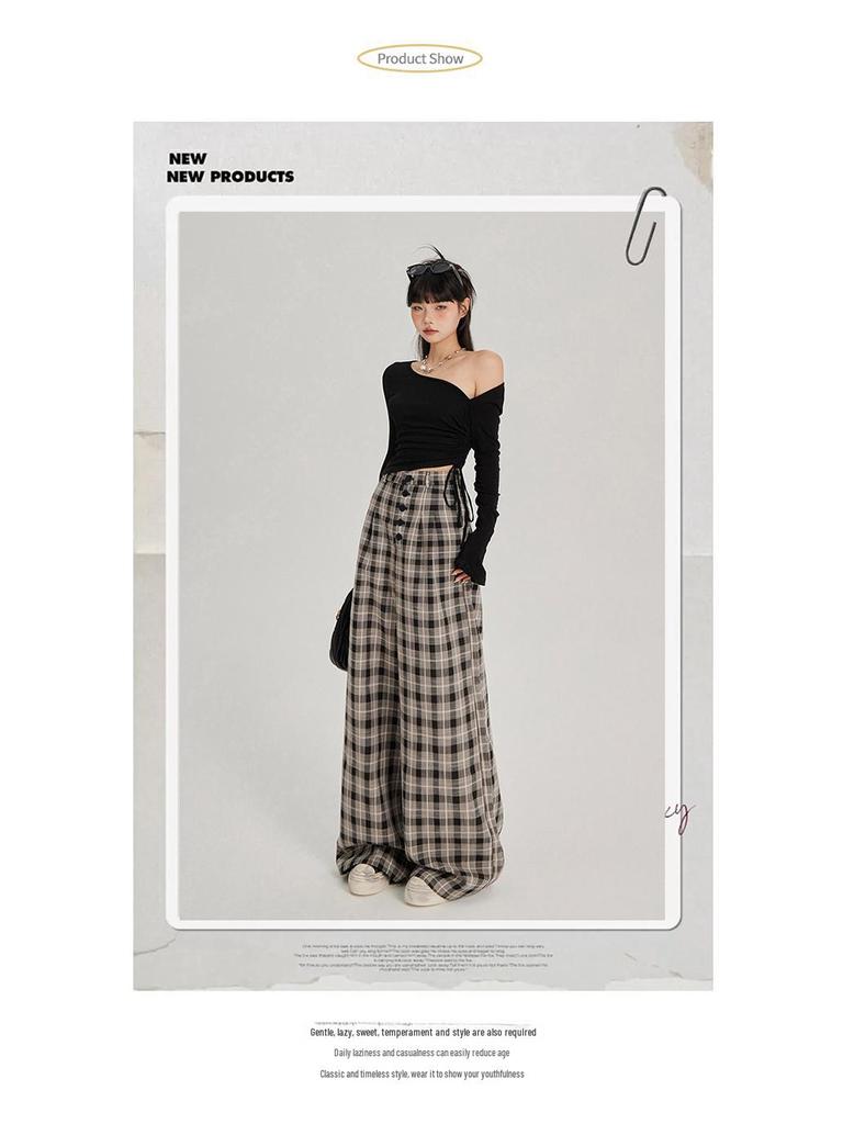 Women's High Waist Plaid Wide-Leg Casual Pants - Autumn Button-Down Style