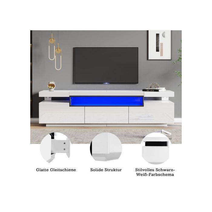 Meuble TV - MUVOE - 160x39x42 Cm - Blanc - Éclairage LED 16 Couleurs - Pour TV Jusqu'à 70 Pouces