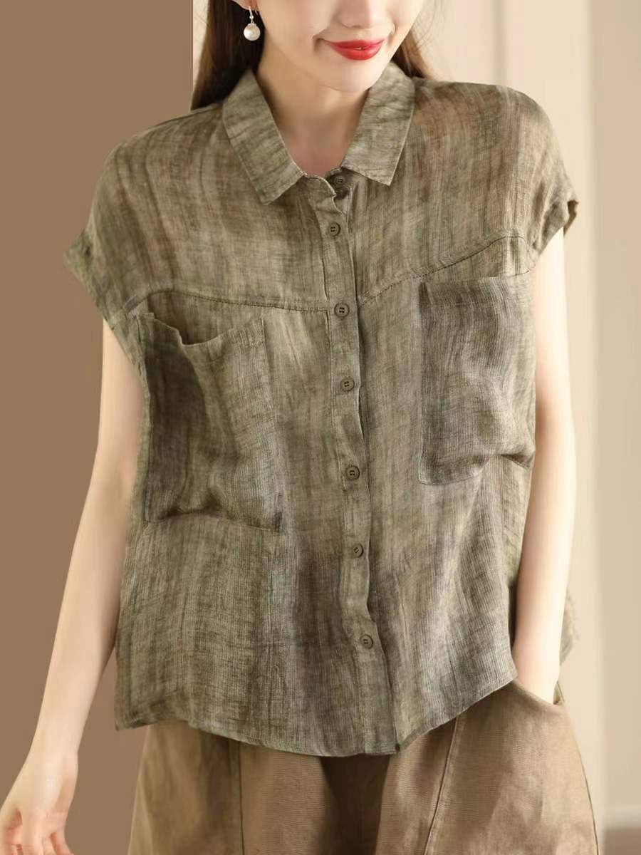 

Johnature Женские винтажные рубашки без рукавов, блузки с отложным воротником и пуговицами, летние рубашки с карманами в стиле тай-дай в стиле пэчворк L зелёный