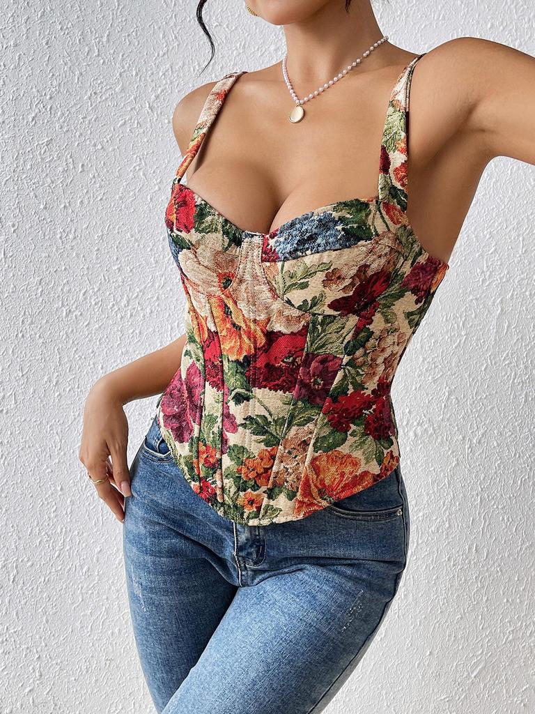 European & American Retro Floral Camisole: French Slim-fit Bustier Corset
