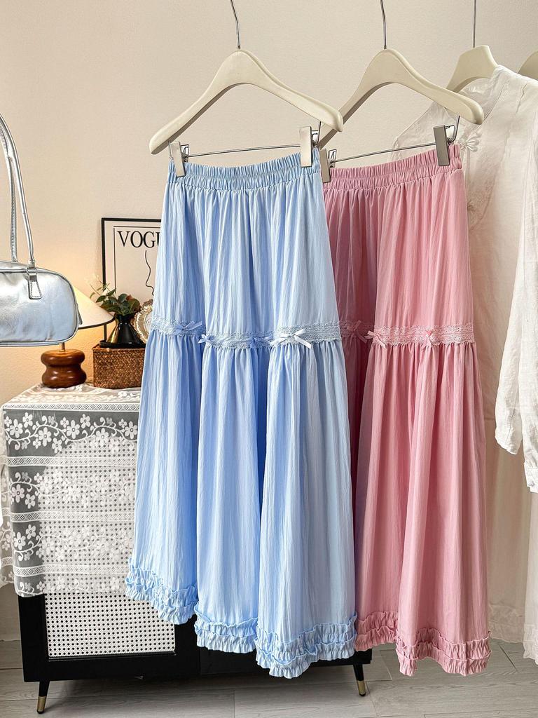 Women's High Waist A-Line Midi Skirt with Lace Trim - Spring/Summer 2026