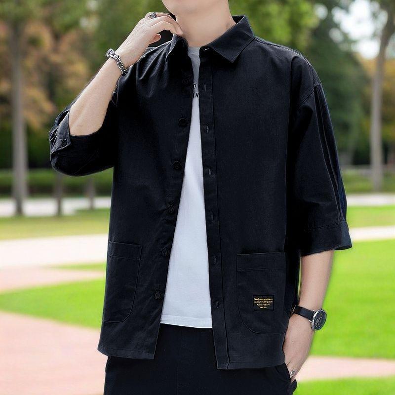 Men's Pure Cotton Seven-Sleeve Shirt - Spring/Summer Solid Color, Loose Fit, Trendy Casual Workwear with Versatile Pocket.