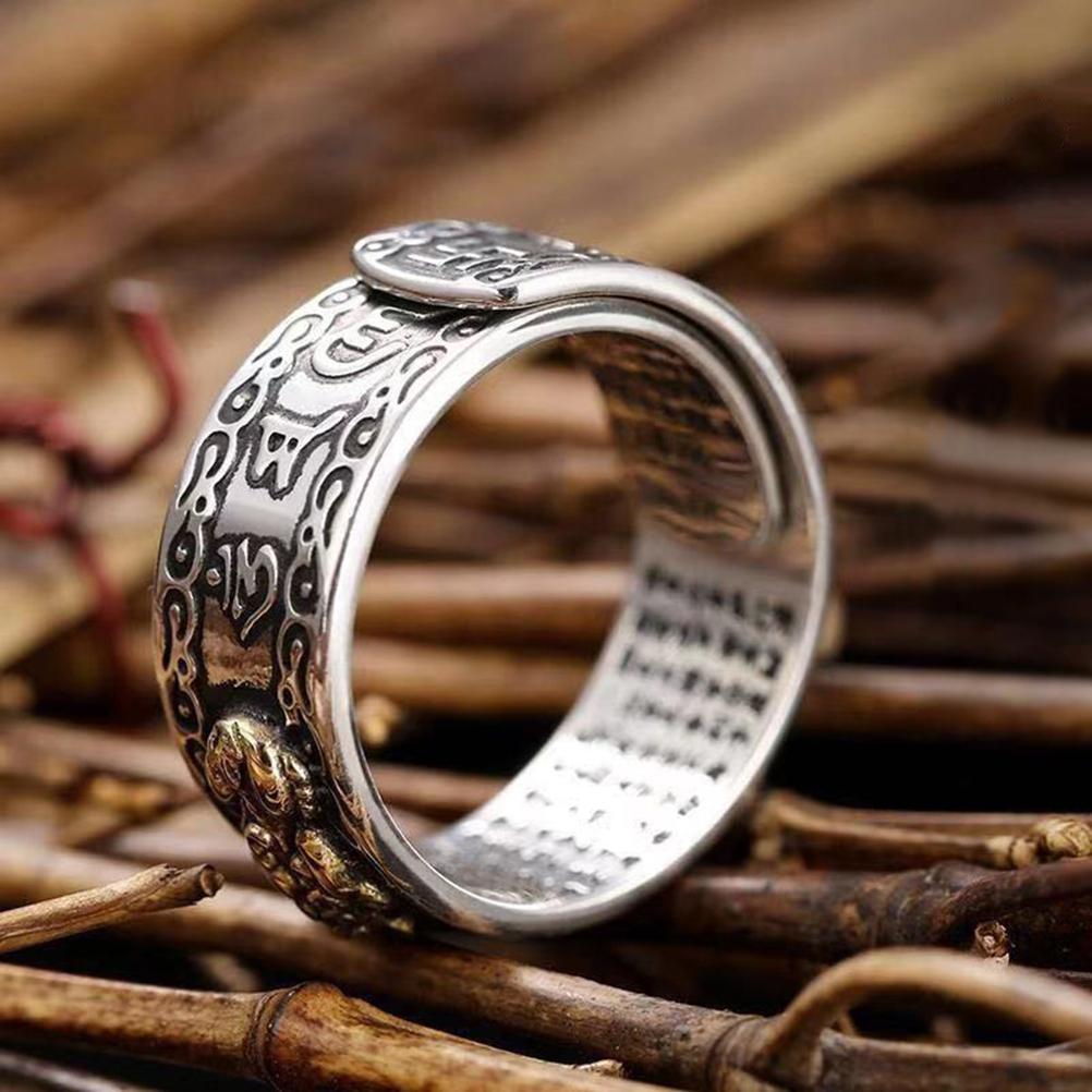 Feng Shui Ring Alloy Finger Ring Pixiu Mani Mantra Protection Wealth Ring Amulet Wealth Lucky Open Adjustable Ring