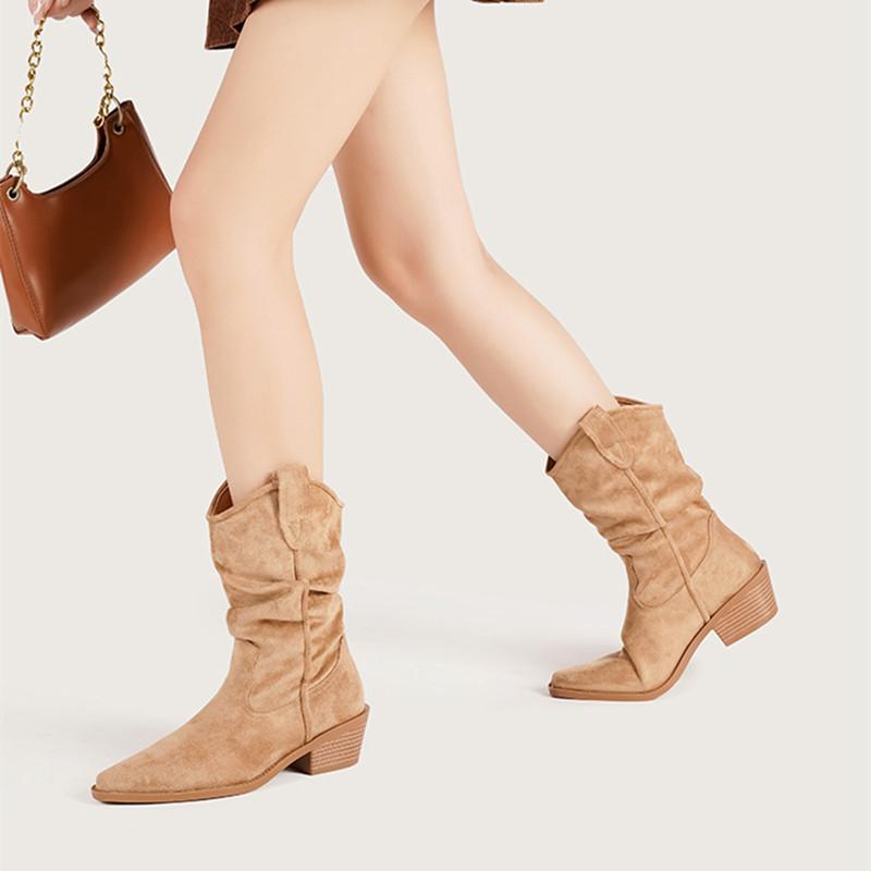 Autumn Winter Faux Suede Pleated Women Mid-calf Boots Comfortable Thick High Heels Retro Western Knight Short Booties
