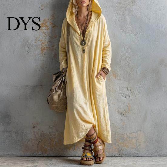 Damen Taschenkleider Langarm Kapuzenkleid, Lässiges Lockeres Boho Maxikleid in Unifarben für den frühen Herbst, V-Ausschnitt mit Taschen V-Ausschnitt