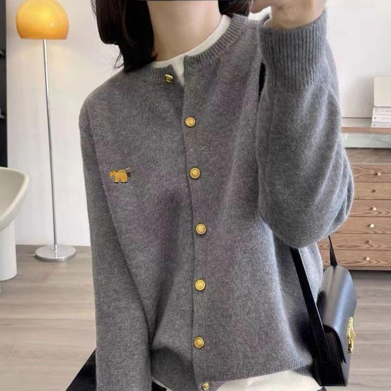 Exquisite Little Horse Embroidered Wool Cardigan with Round Neck and Metal Buckle