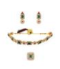 Green & Pink Stones Ethnic Collar Bone Necklace Earring & Ring Set For Women