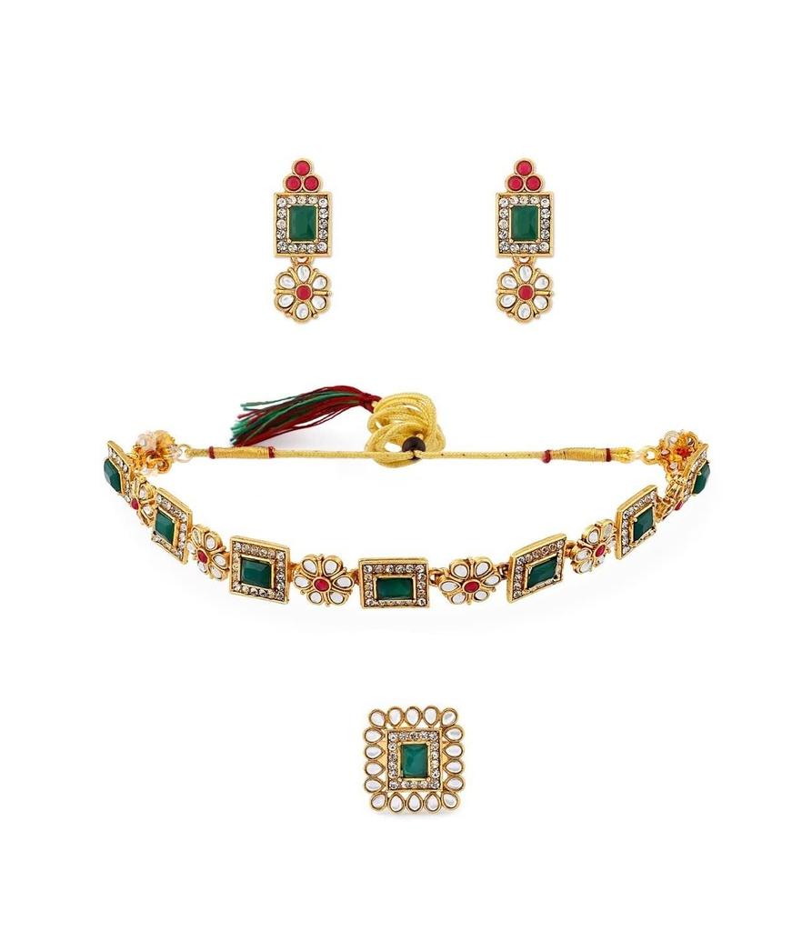 Green & Pink Stones Ethnic Collar Bone Necklace Earring & Ring Set For Women