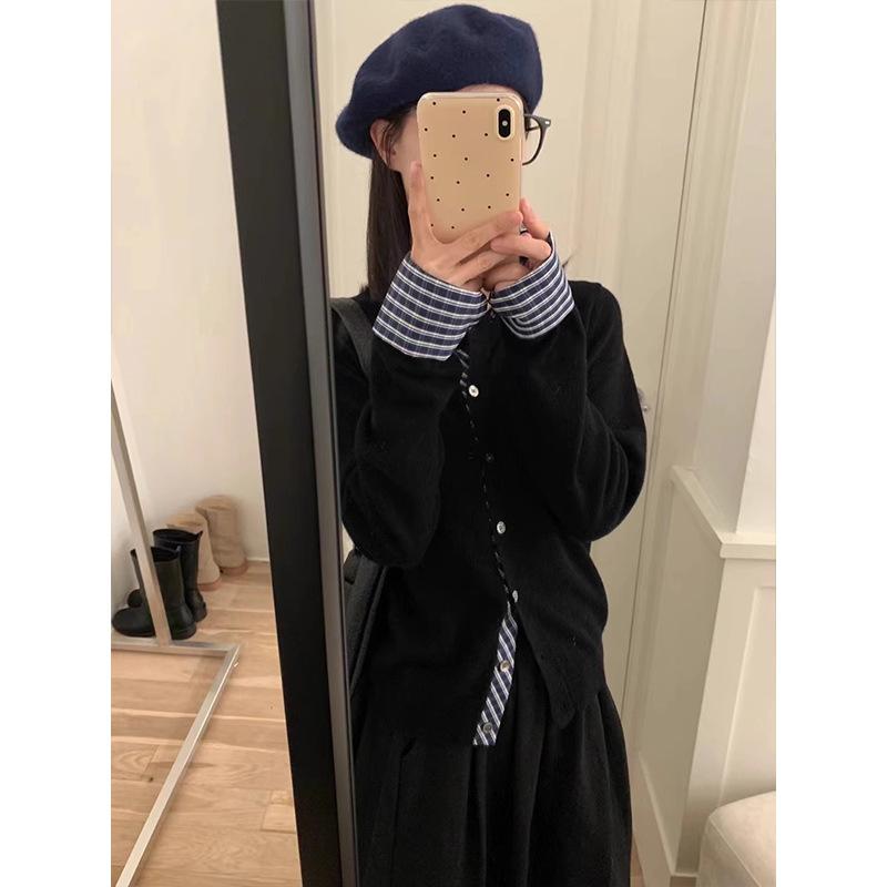 Fake two-piece button-knitted jacket women's spring plaid splicing sweater casual lazy top cardigan