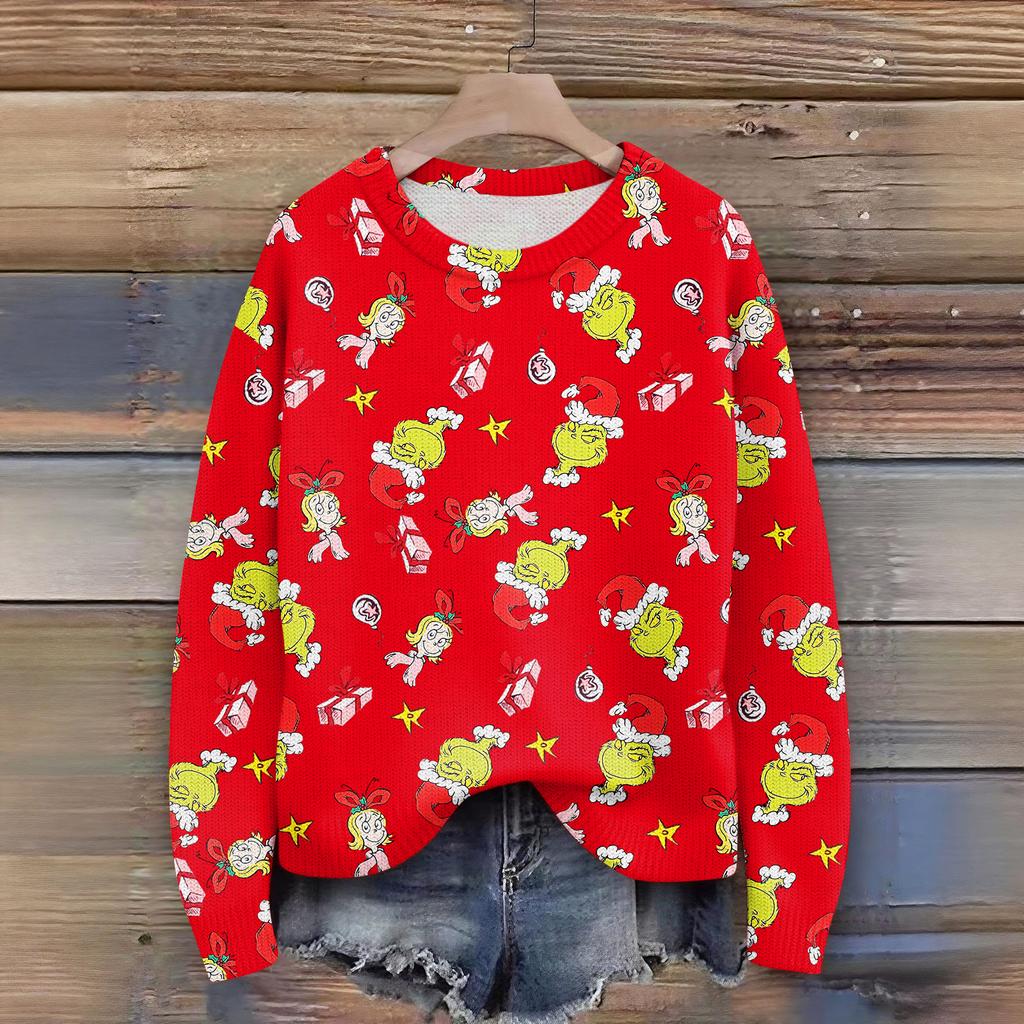 Long Sleeve Pullover Sweaters For Women O Neck Casual Cute Printing Knit Oversized Sweater
