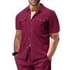 Summer European and American men's waffle short-sleeved casual solid color lapel button-up pocket tooling shirt