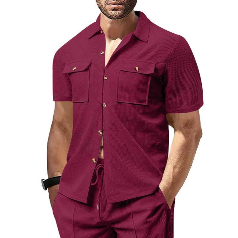 Summer European and American men's waffle short-sleeved casual solid color lapel button-up pocket tooling shirt