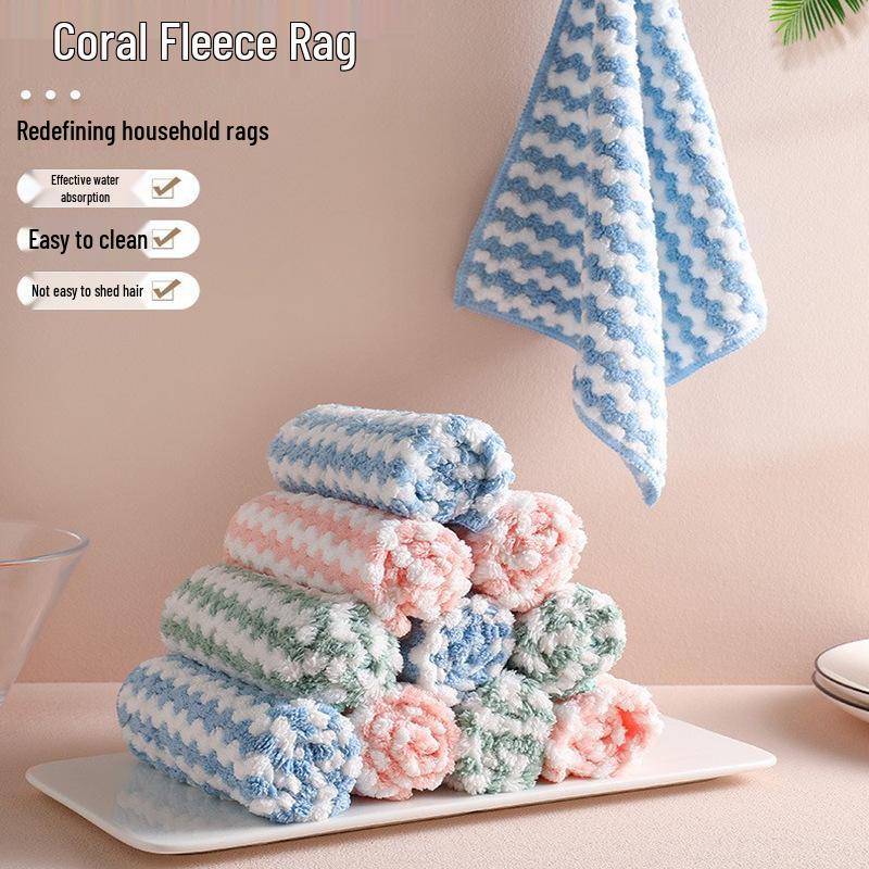 Cationic Coral Fleece Kitchen Cleaning Cloths: Multi-use Dish & Table Wiping, Scouring Pad for Dry/Wet Cleaning