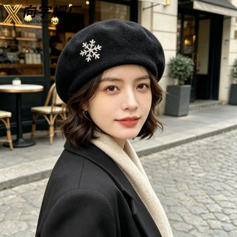 Women S Knit Beret Hat Snowflake Rhinestone Decor No Brim Warm Versatile Painter Hat