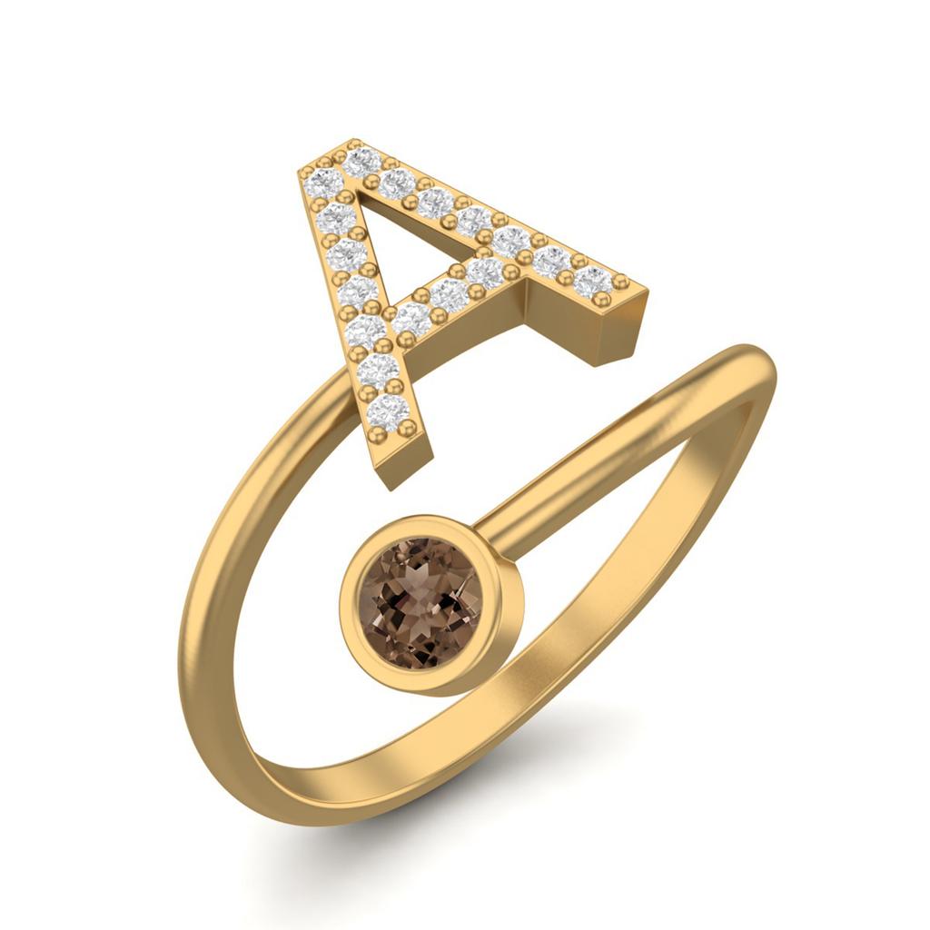 Capital A Initial Letter 3MM Round Smoky Quartz 925 Sterling Silver Gold Vermeil Women Adjustable Wedding Ring