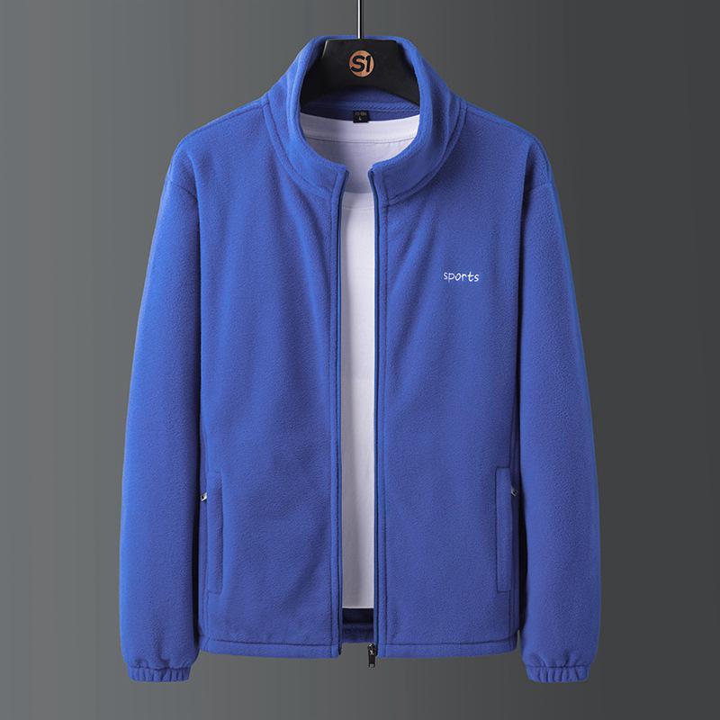 Men's Autumn Korean Style Stand Collar Velvet Jacket with Lambswool and Zipper Welt Pockets