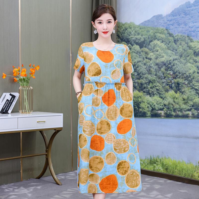 Plus Size Floral Cotton-Silk Dress for Women - Summer Fashion, Elegant Long Swing Dress