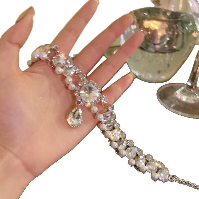 Collana Retrò Francese Fiore di Diamante Perla Goccia d'Acqua - Elegante Catena per Clavicola di Lusso