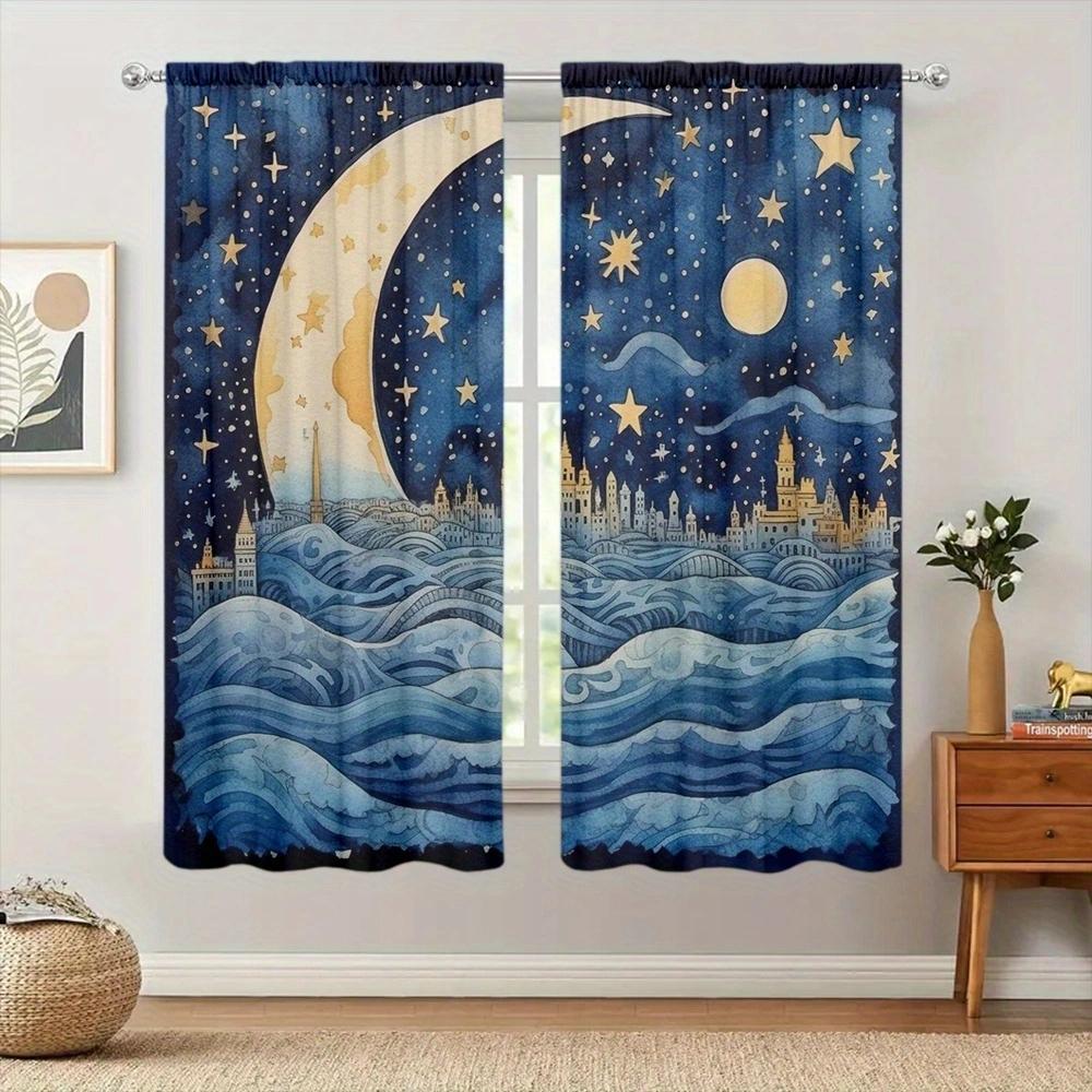 2PCS The Moon In Fairy Tales Printed Curtain for Home Decor-Rod Pocket Window Treatment for Bedroom, Kitchen, Living Room
