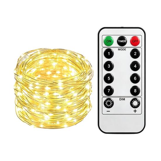 Portable Battery Powered Lights Copper Wire Fairy with Remote, 8 Modes 10-Level Dimming Timer, Waterproof Remote Controlled Holiday Decor Operated
