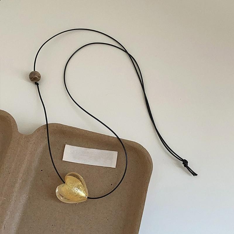 Elegant Handmade Colored Glaze Heart Choker Adjustable Black PU Leather Chain Necklace Trendy Accessory for Ladies