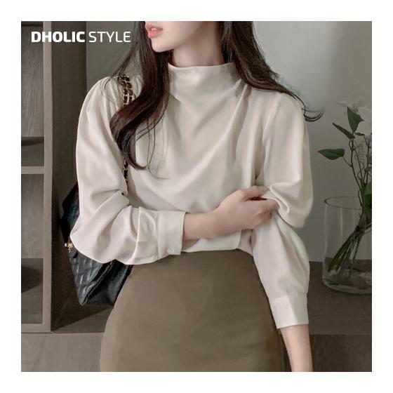 Women s BL Korean Fashion Tops Long Sleeve High Neck Short Length Mid Length Back Zipper Puff Sleeve Girly Elegant Feminine Adult Office Casual