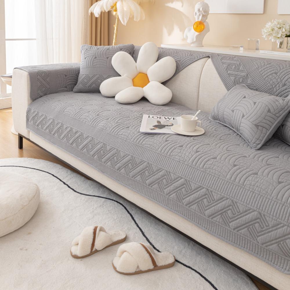 Washable Cotton Quilted Sofa Protector Non Slip Modern Embroidery Sofa Cover All Season Use