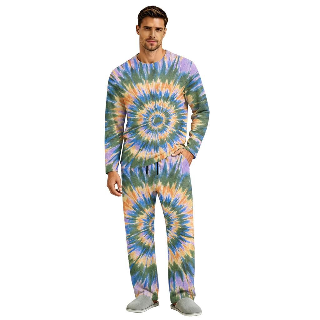 Men's Long Sleeve Pajama Set with Button Crotch and Elastic Drawstring Waist for Home Comfort