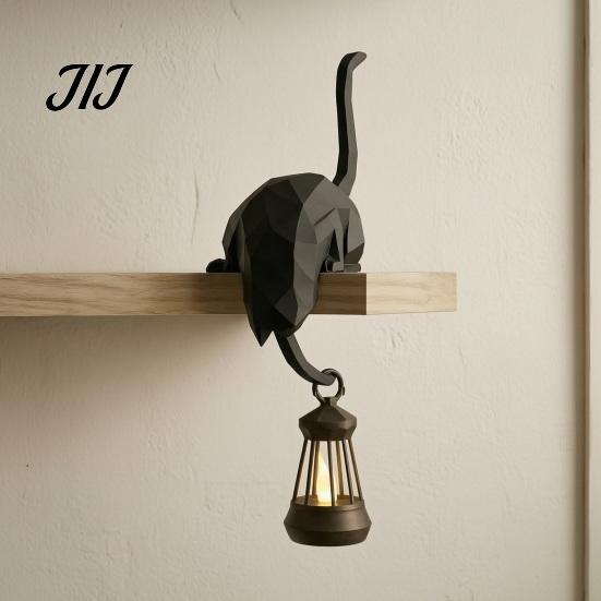Gancio Decorativo a Forma di Gatto con Lanterna per Organizzazione Domestica, Gancio Decorativo da Parete Fatto a Mano Stampato 3D con Luce LED, Scaffale Creativo per Libreria Scrivania e