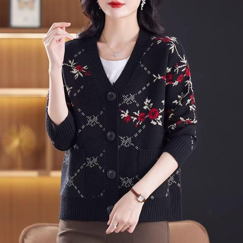 Autumn Winter Women's Plus Size Knitted Cardigan V-neck Printed Knitted Cardigan Sweater Jacket Knitted Top Outerwear.