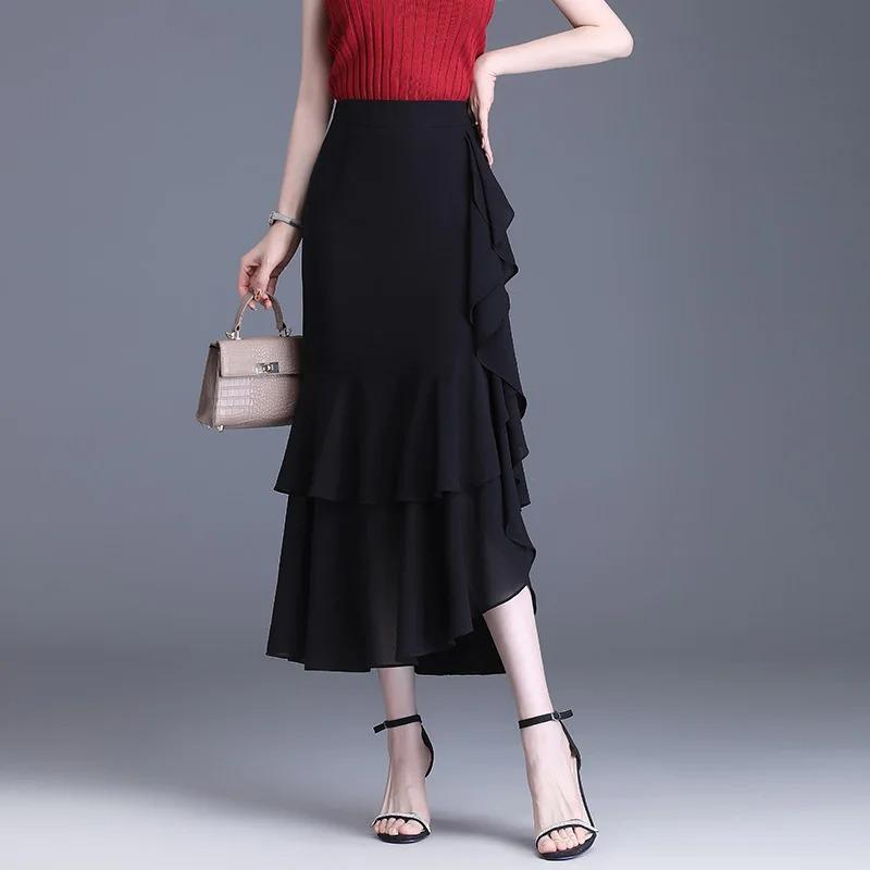 

Fashion Fishtail Chiffon Skirts Elegant High Waist Summer Party Skirt Ruffles Long Skirts M