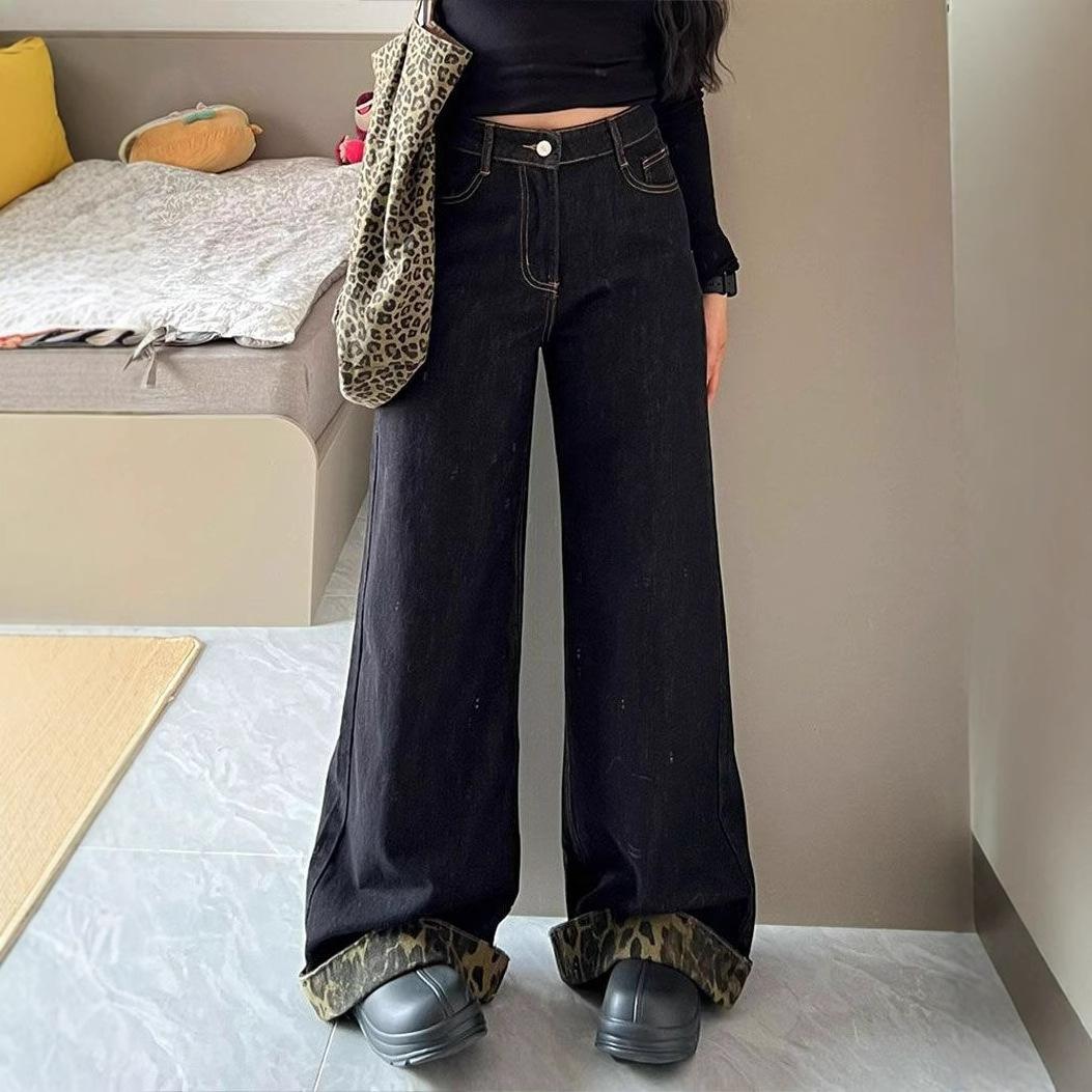 

Весенне-летние свободные широкие джинсы женские с высокой посадкой, с леопардовым принтом, с подвернутым краем, драпированные прямые длинные брюки, трендовые брюки 4XL