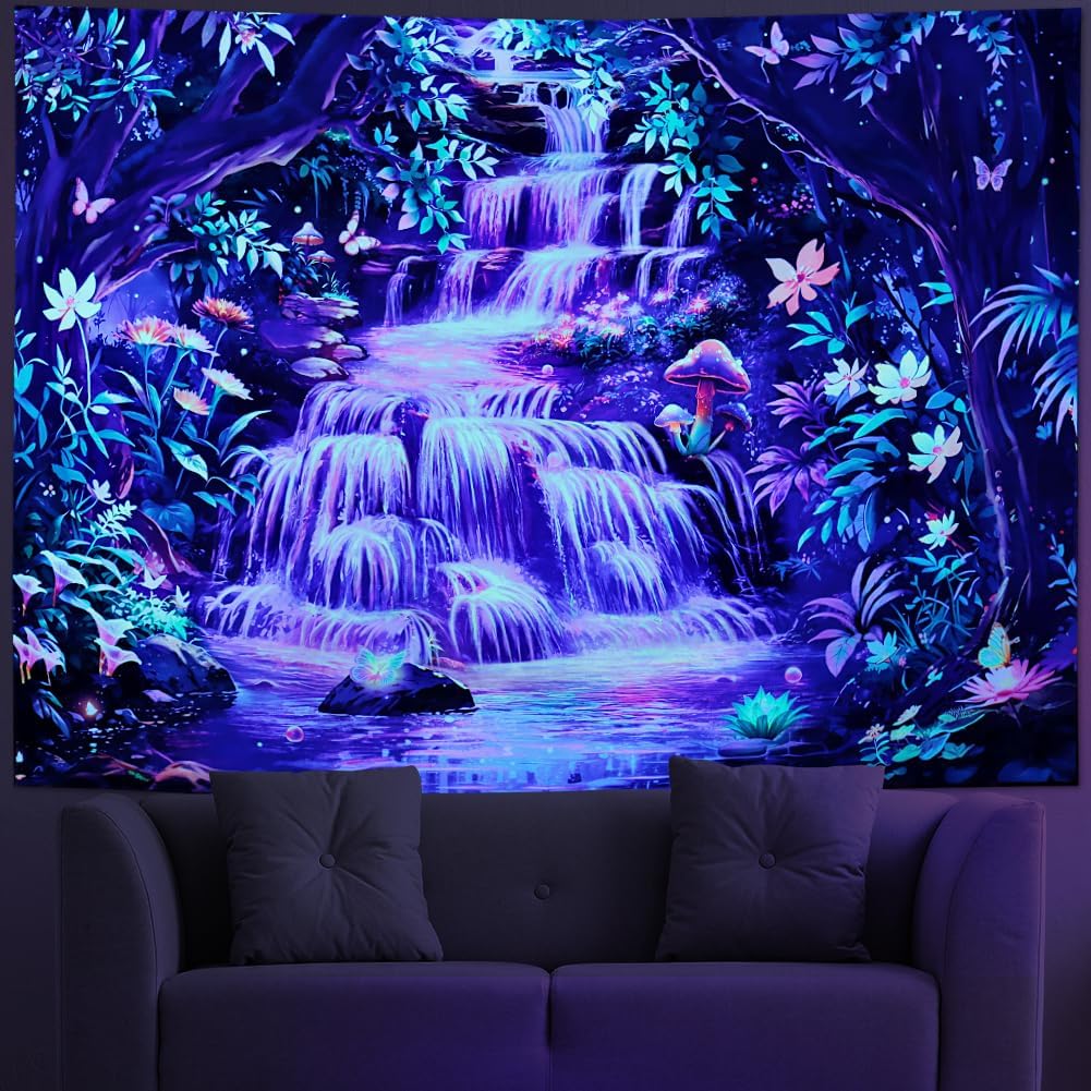 Amonercvita Blacklight Forest Tapestry Neon Tree Waterfall Tapestries UV Reactive Galaxy Space Tapestries Colorful Floral Plants Tapestry Wall