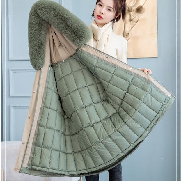 Women's Hooded Parka Winter Removable Liner Cotton Jacket Thickened Windproof Parka Jacket with Fur Collar