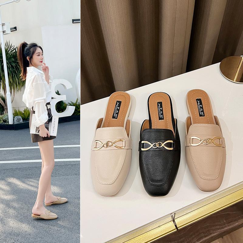 Modevarumärke Metallkedja Mules Skor Kvinna Täckta Tår Tofflor Damer Flipflops Flats Sandaler Casual Slip On Slides Halkfria Pantuflas