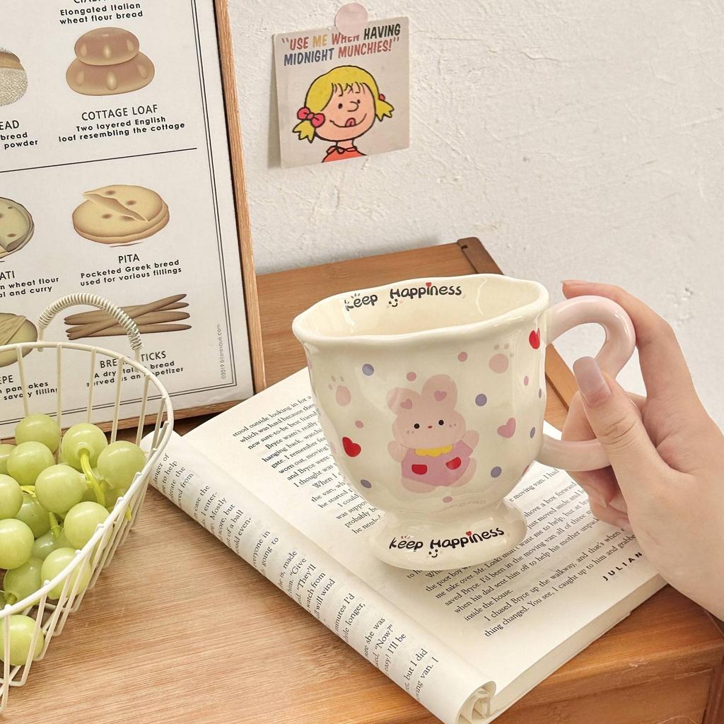 Cute Polka Dot Rabbit Creative High Value Cartoon Water Cup Ceramic Mug with Lid Spoon Birthday Gift for Girls